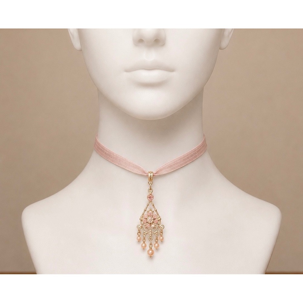 1928 Jewelry Vintage Y2K Pink Ribbon Choker Pendant Necklace 15-19"